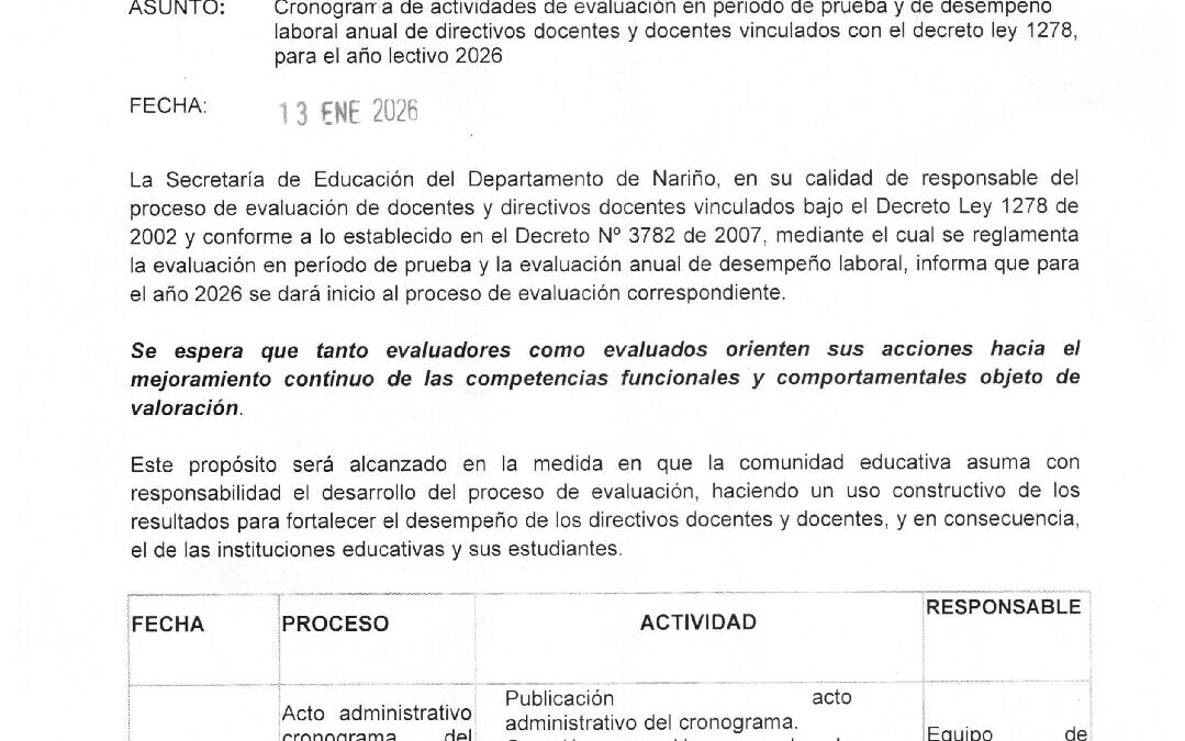 CIRCULAR 001 -ENERO 13 DE 2026 – CRONOGRAMA DE EVALUACION DOCENTE 2026