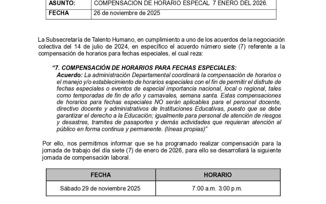 CIRCULAR 026-2025 COMPENSACION HORARIO 7 DE ENERO