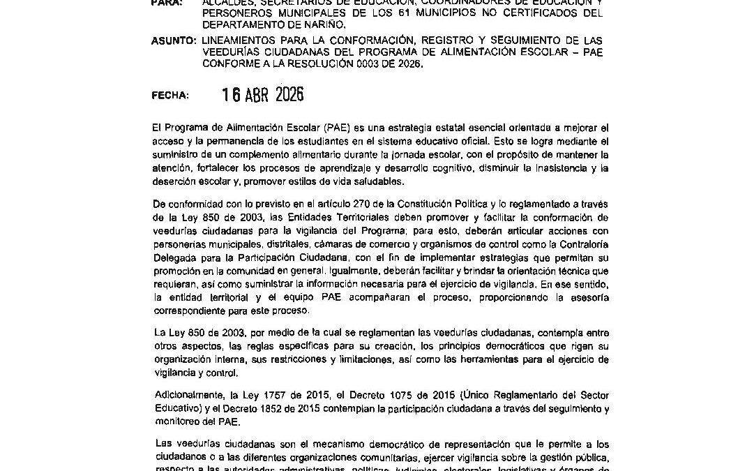 CIRCULAR 049 VEEDURÍAS PAE 16-04-2026