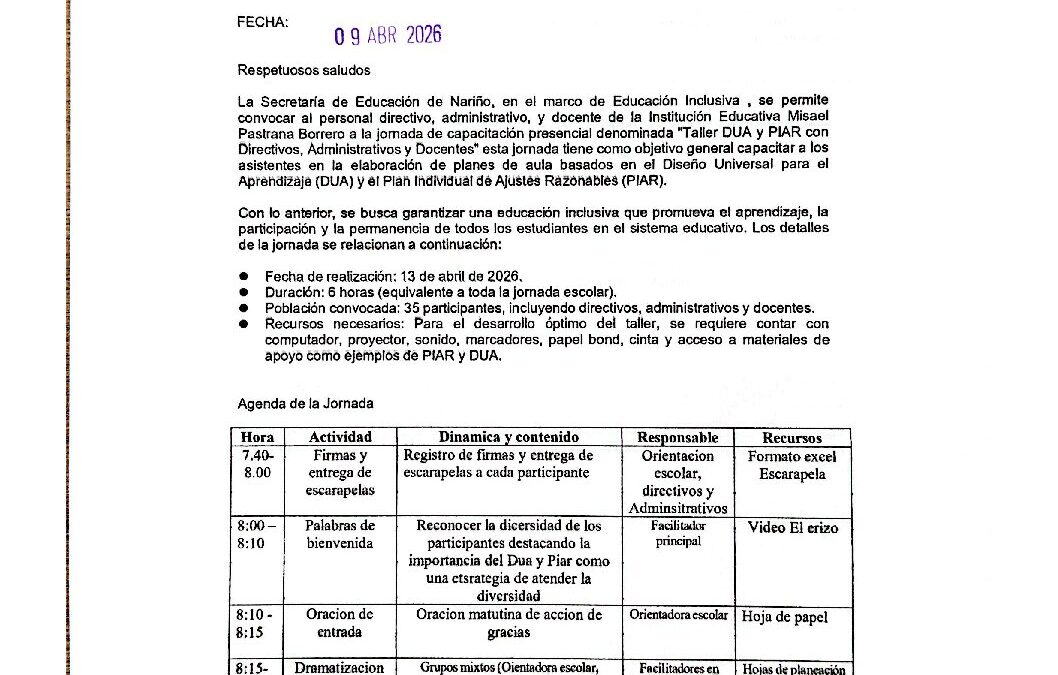 COMUNICADO N.017 DE 09 ABRIL DE 2026. CRONOGRAMA CAPACITACIONRS DUA Y PIAR