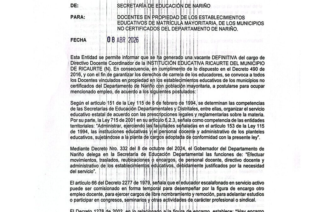 CONVOCATORIA 003 ENCARGO IE RICAURTE DE RICAURTE