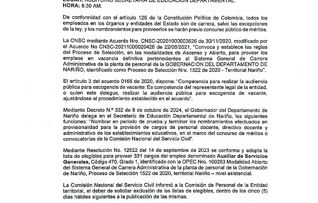 CONVOCATORIA AUDIENCIA PROVISION CARGOS PROCESO 1522- 2020