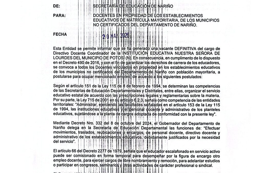 CONVOCATORIA IE NUESTRA SEÑORA DE LOURDES DE POTOSI