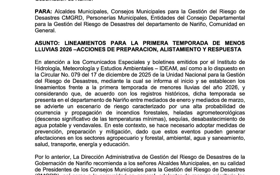 Circular 001 – 2026 Primera temporada menos lluvias