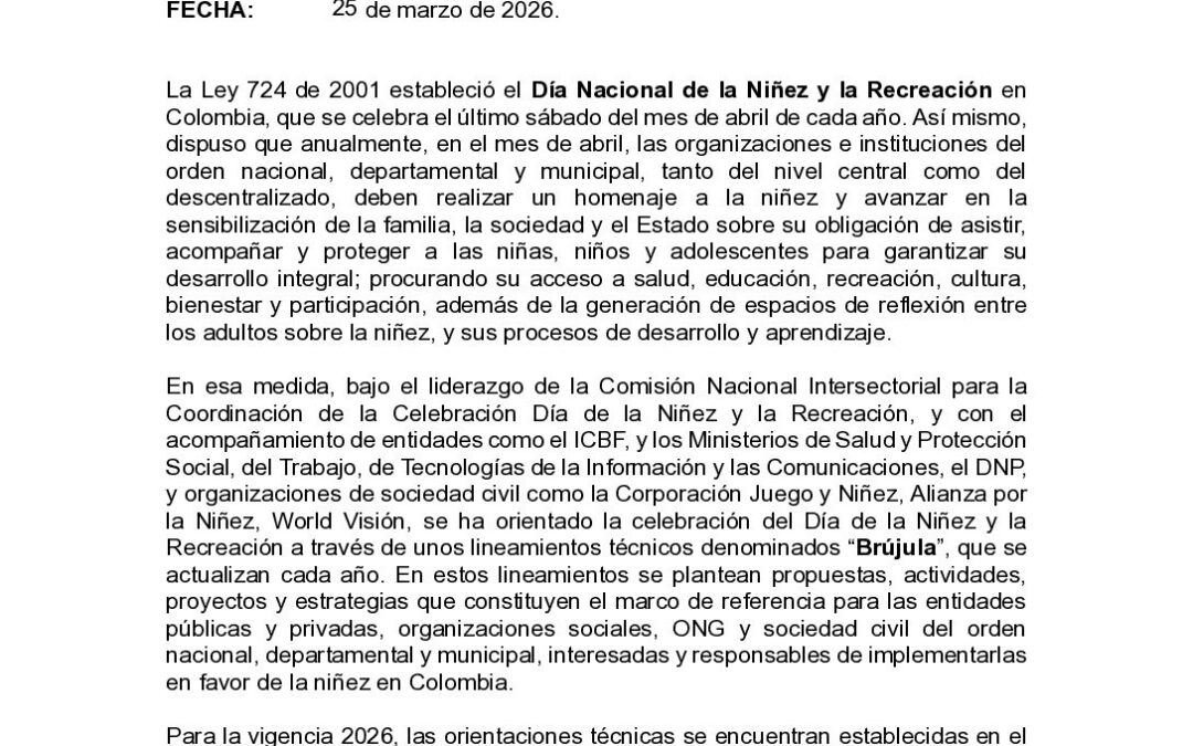 Circular 021 del 25 de marzo de 2026 Orientaciones para la celebración del día de la Niñez y la Recreación 2026.