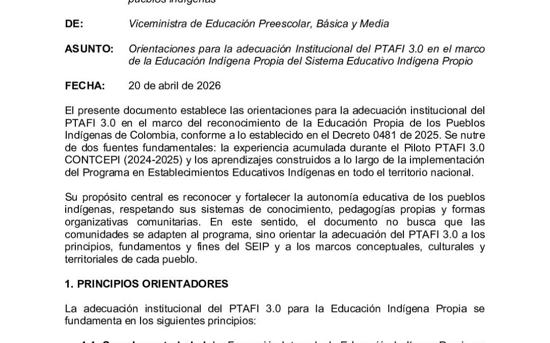 Circular 026 del 20 de abril de 2026 Orientaciones para la adecuación Institucional del PTAFI 3.0 en l marco de la Ed Indigena…