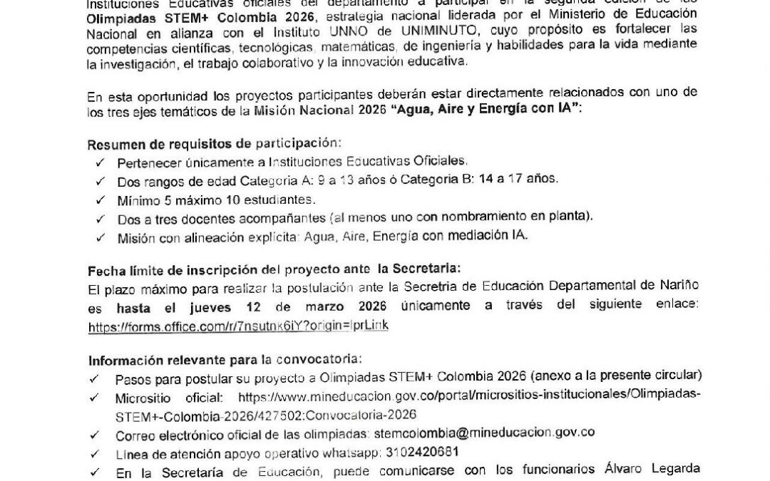 Circular 026_Inscripción Olimpiadas STEM+ Colombia_04marzo2026
