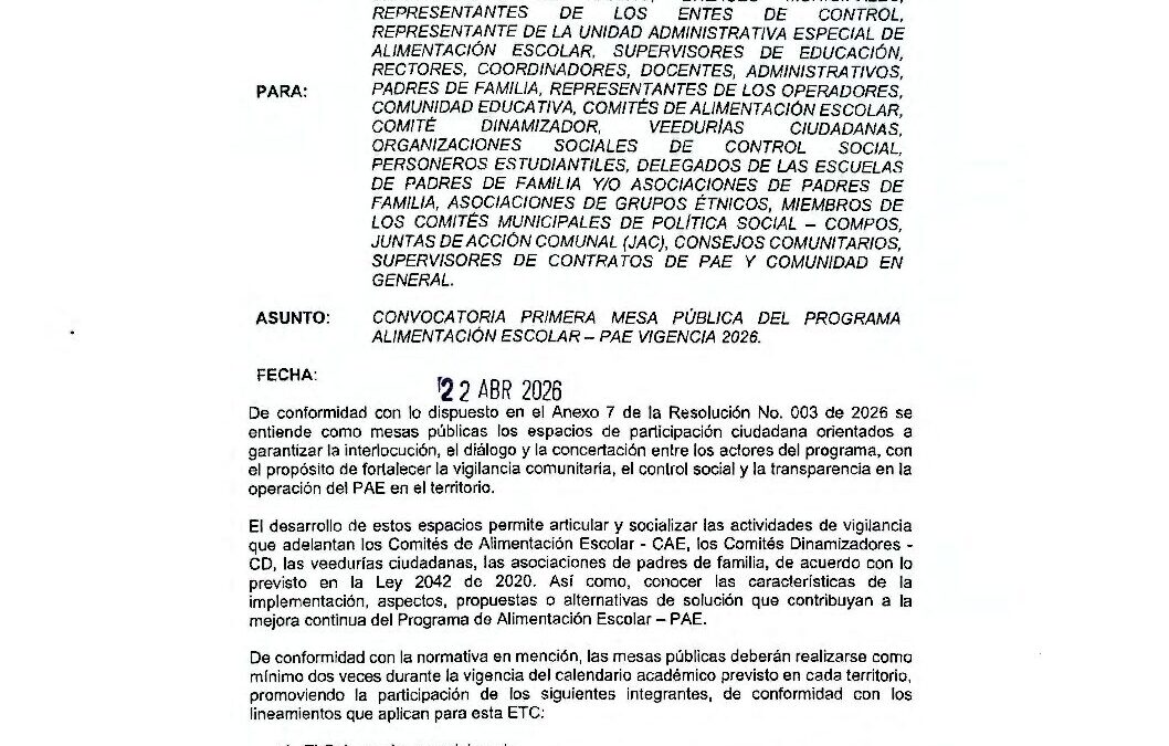 Circular #053 Convocatoria Primera Mesa Pública 2026