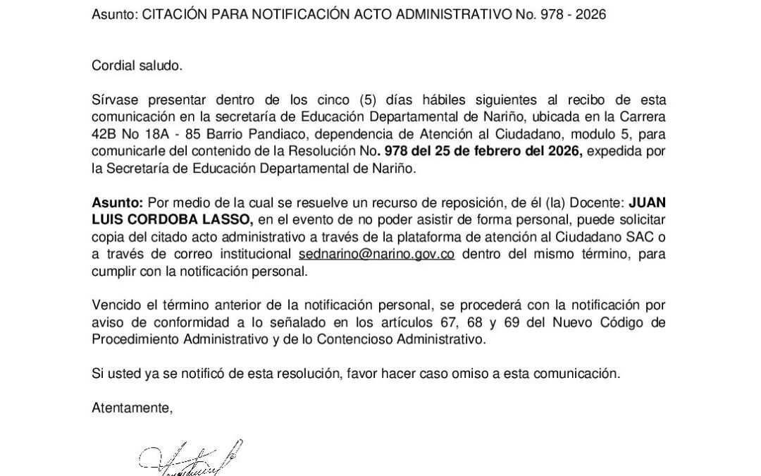 Citación No. 3 resolución No. 978 JUAN LUIS CORDOBA LASSO