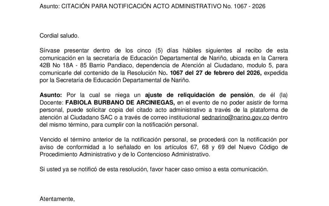 Citacion resolución No. 1067 FABIOLA BURBANO DE ARCINIEGAS