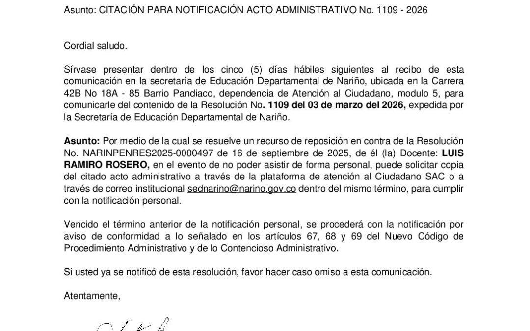 Citacion resolucion No. 1109 LUIS RAMIRO ROSERO