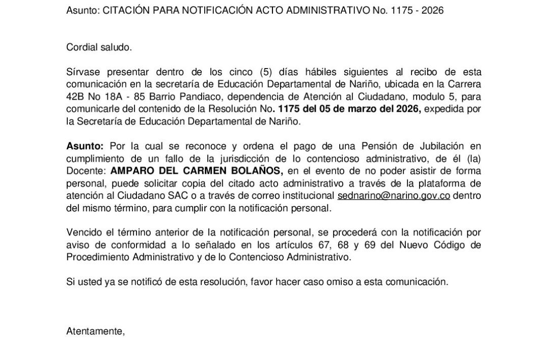 Citacion resolucion No. 1175 AMPARO DEL CARMEN BOLAÑOS