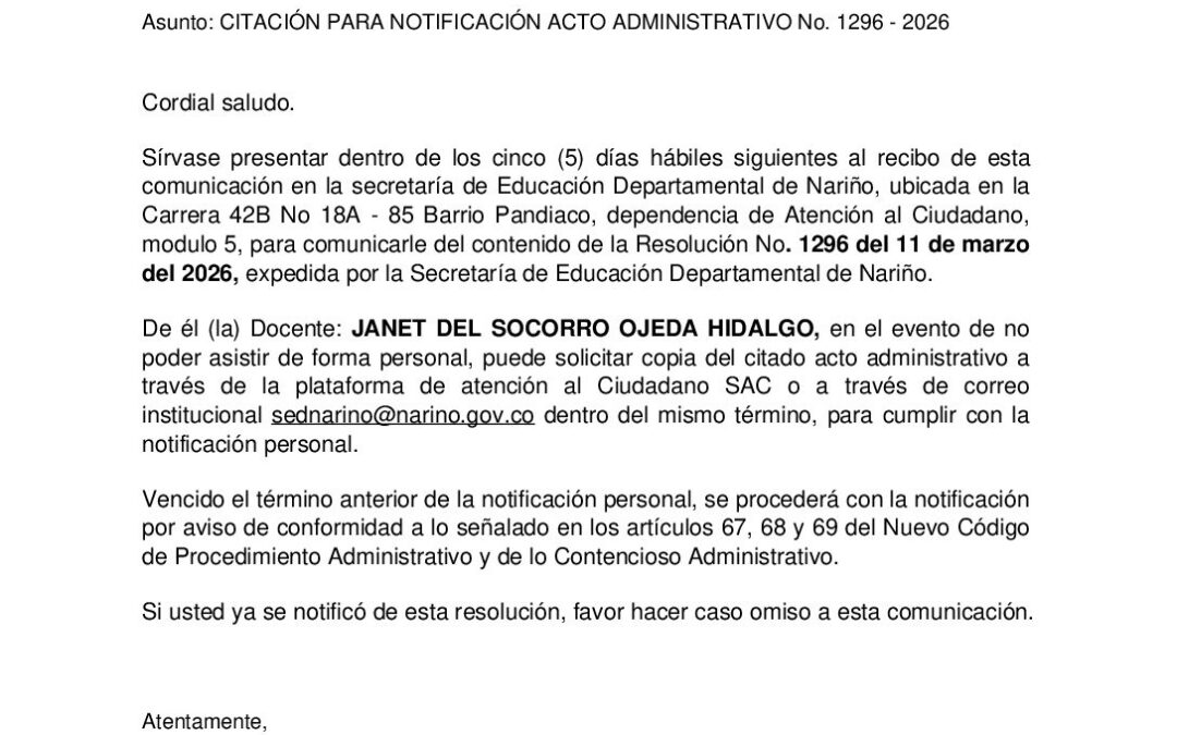 Citacion resolucion No. 1296 ANDRIAN ANDRES BASTIDAS CAICEDO