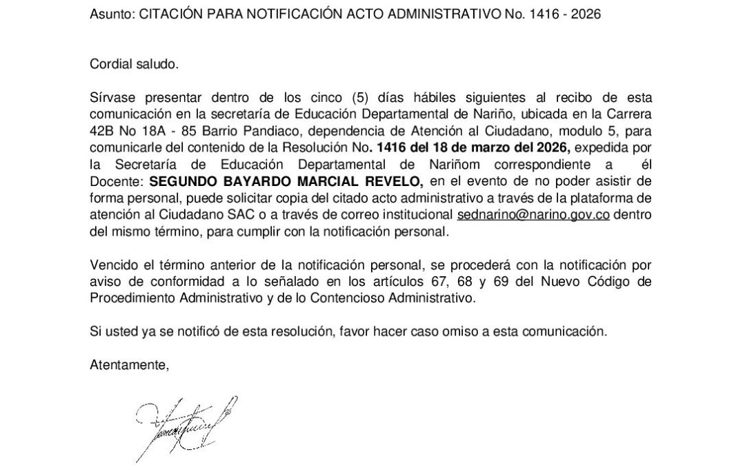 Citacion resolucion No. 1416 SEGUNDO BAYARDO MARCIAL REVELO