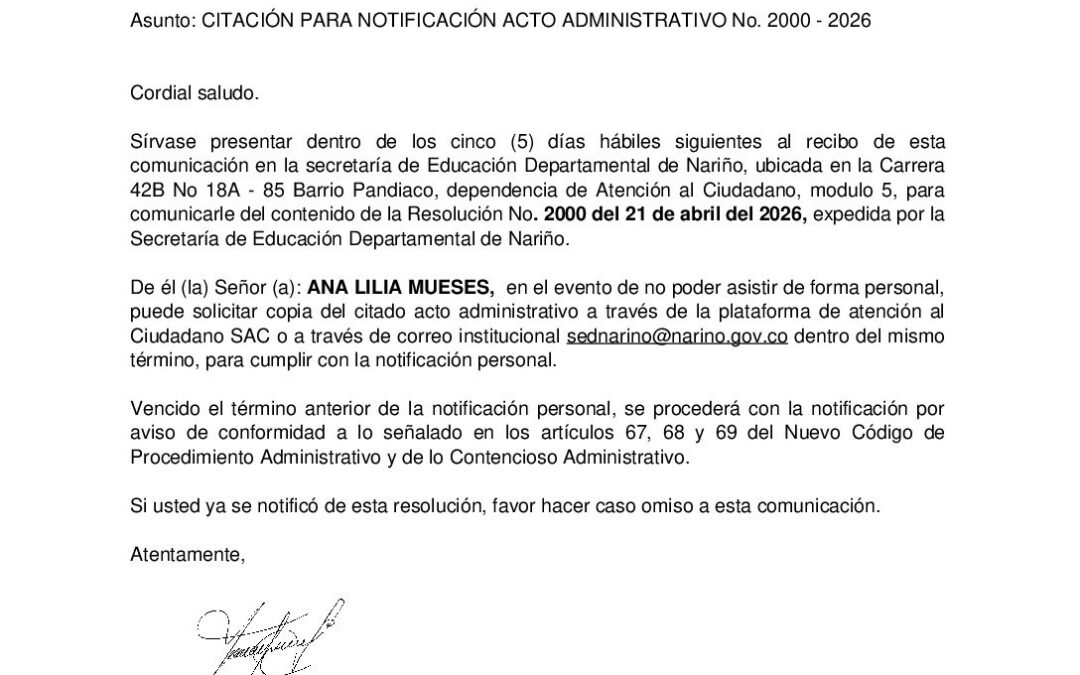 Citacion resolución No. 2000 ANA LILIA MUESES