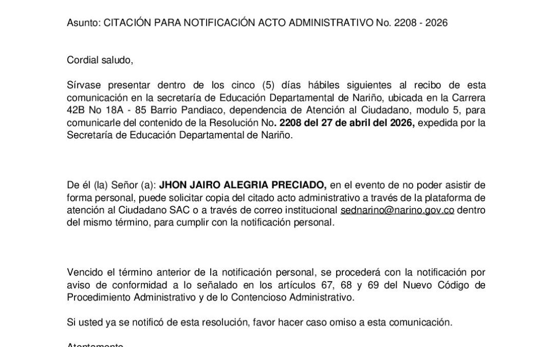 Citacion resolucion No. 2208