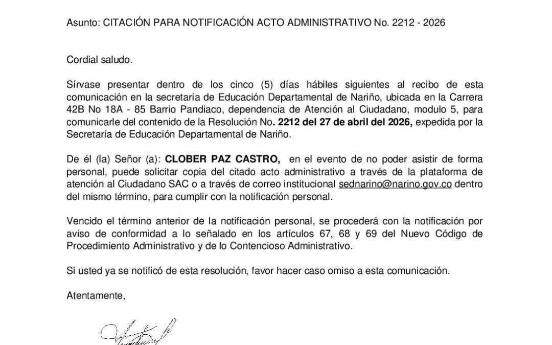 Citacion resolucion No. 2212