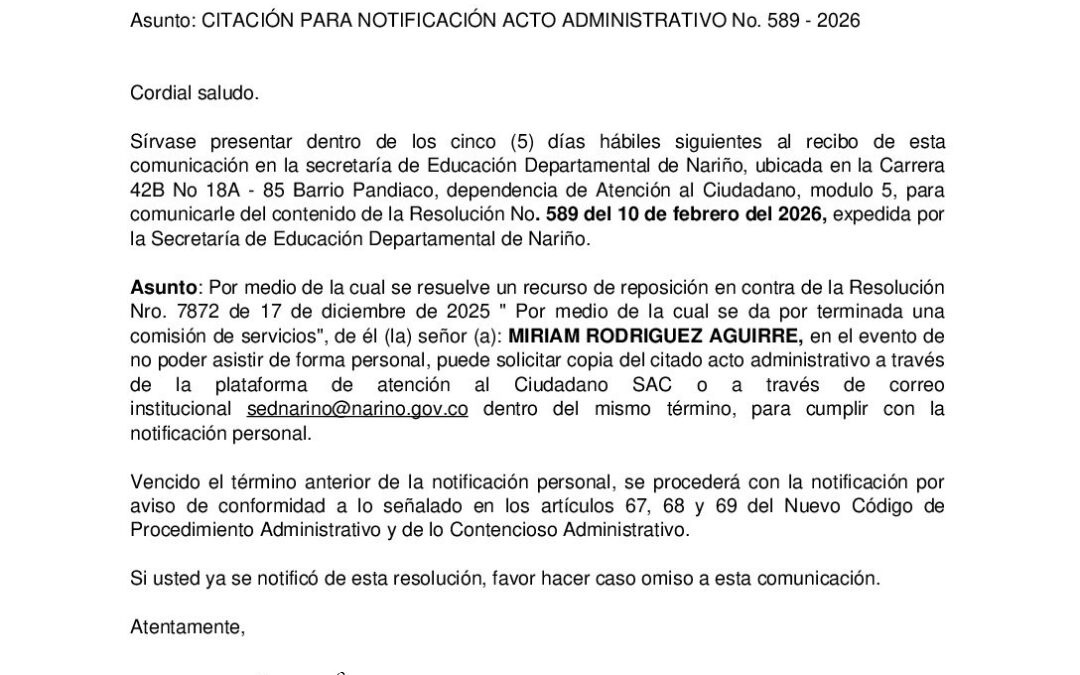 Citacion resolucion No. 589