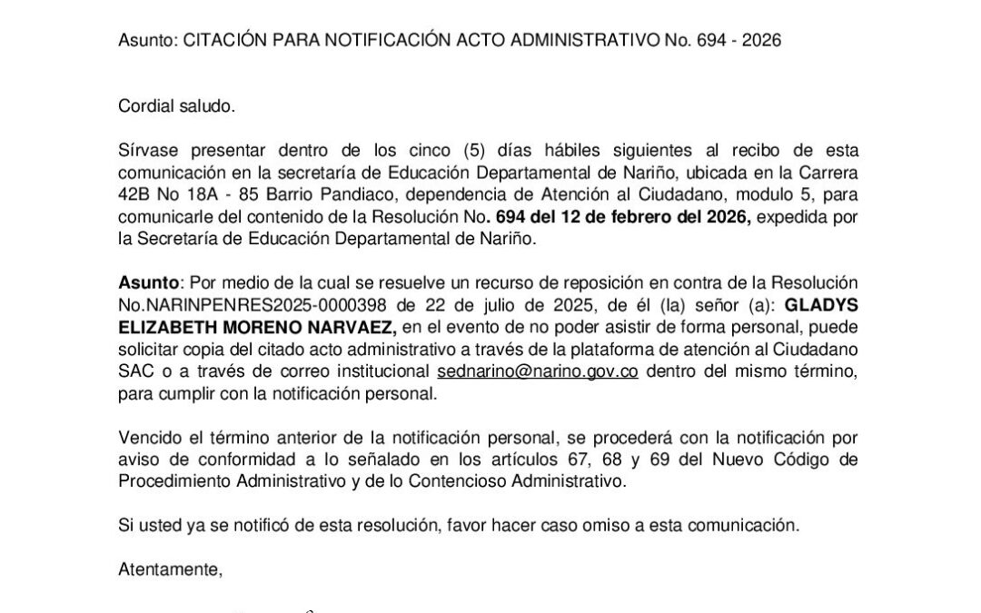 Citacion resolución No. 694 GLADYS ELIZABETH MORENO NARVAEZ
