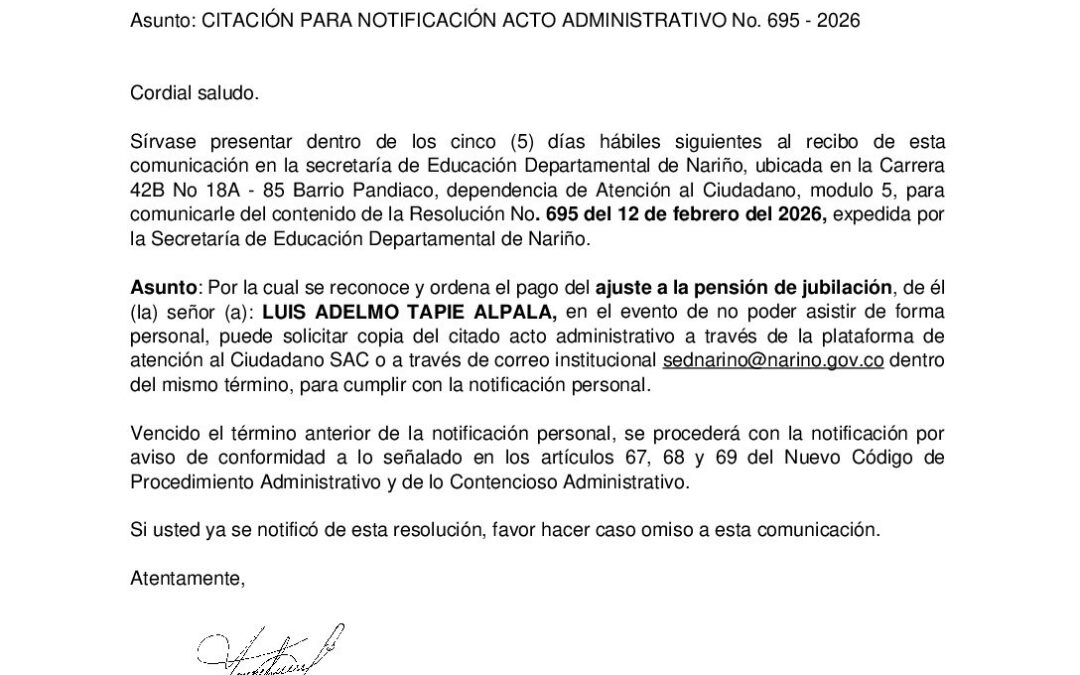 Citacion resolución No. 695 LUIS ADELMO TAPIE ALPALA