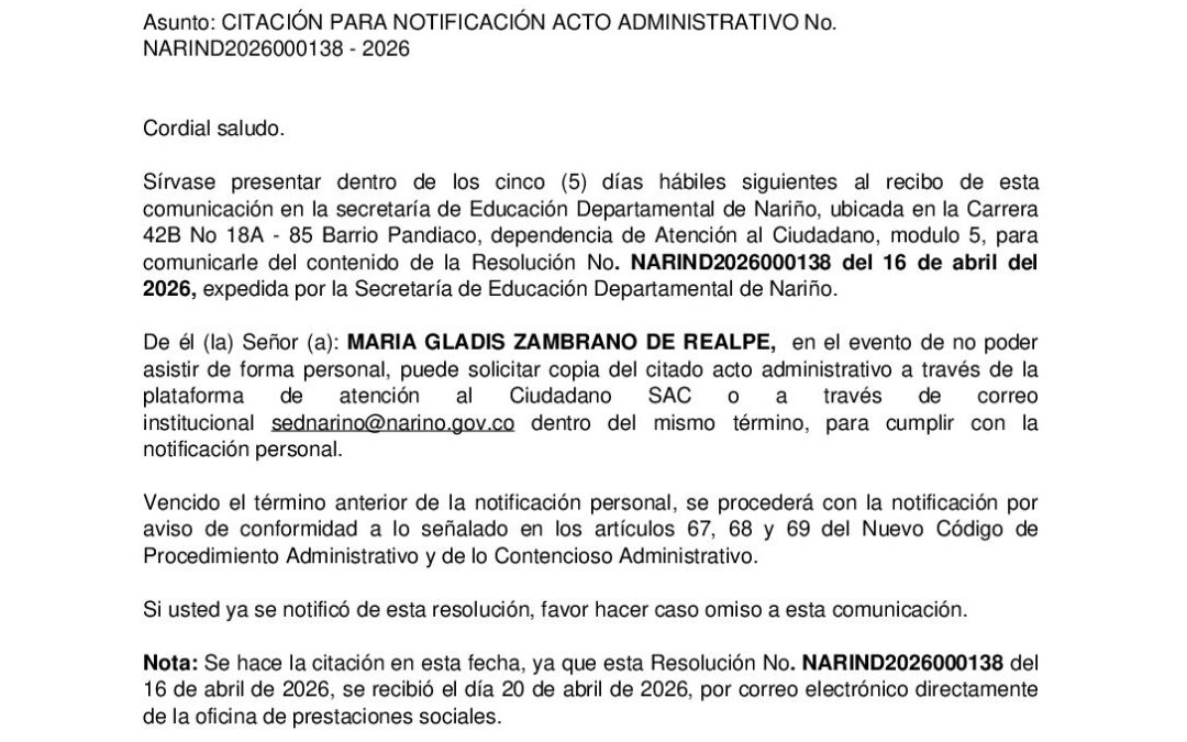 Citación resolucion No. NARIND2026000138 MARIA GLADIS ZAMBRANO DE REALPE