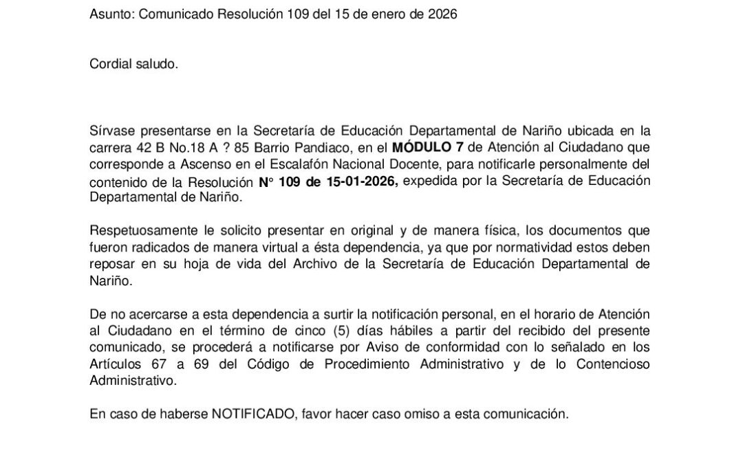 Comunicado Resolución 109 del 15 de enero de 2026