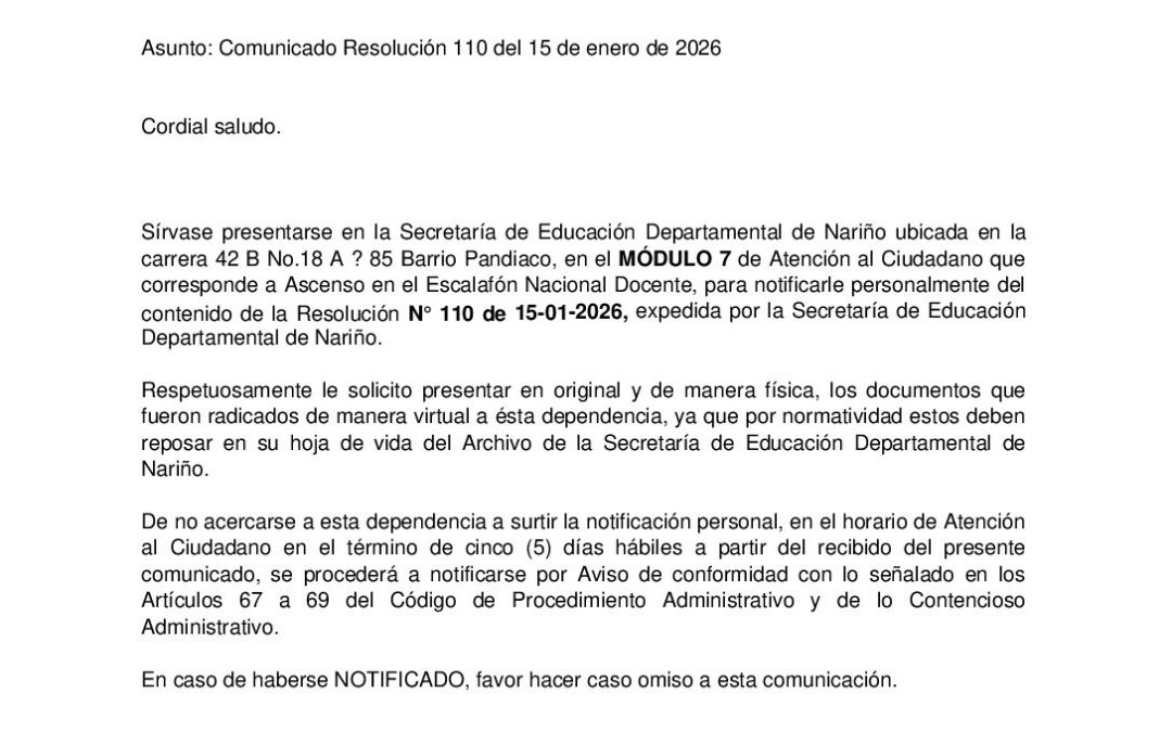 Comunicado Resolución 110 del 15 de enero de 2026