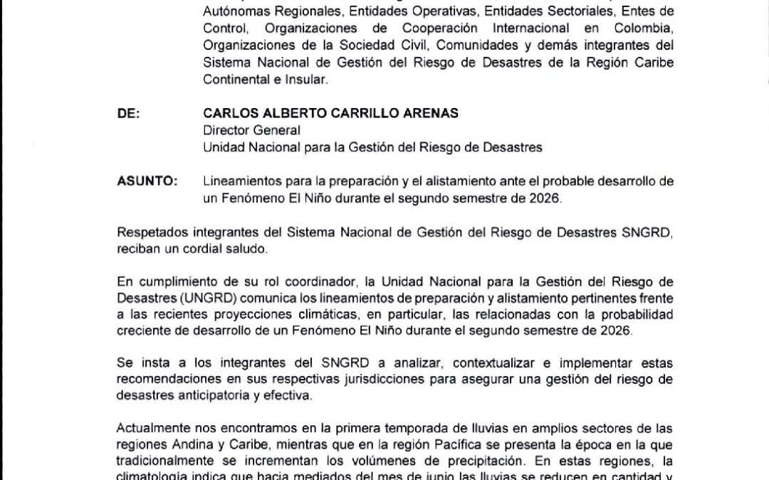 LINEAMIENTOS PARA LA PREPACION Y ALISTAMIENTO FENOMENO DEL NIÑO CIRCULAR 028 DEL 16 DE ABRIL DEL 2026