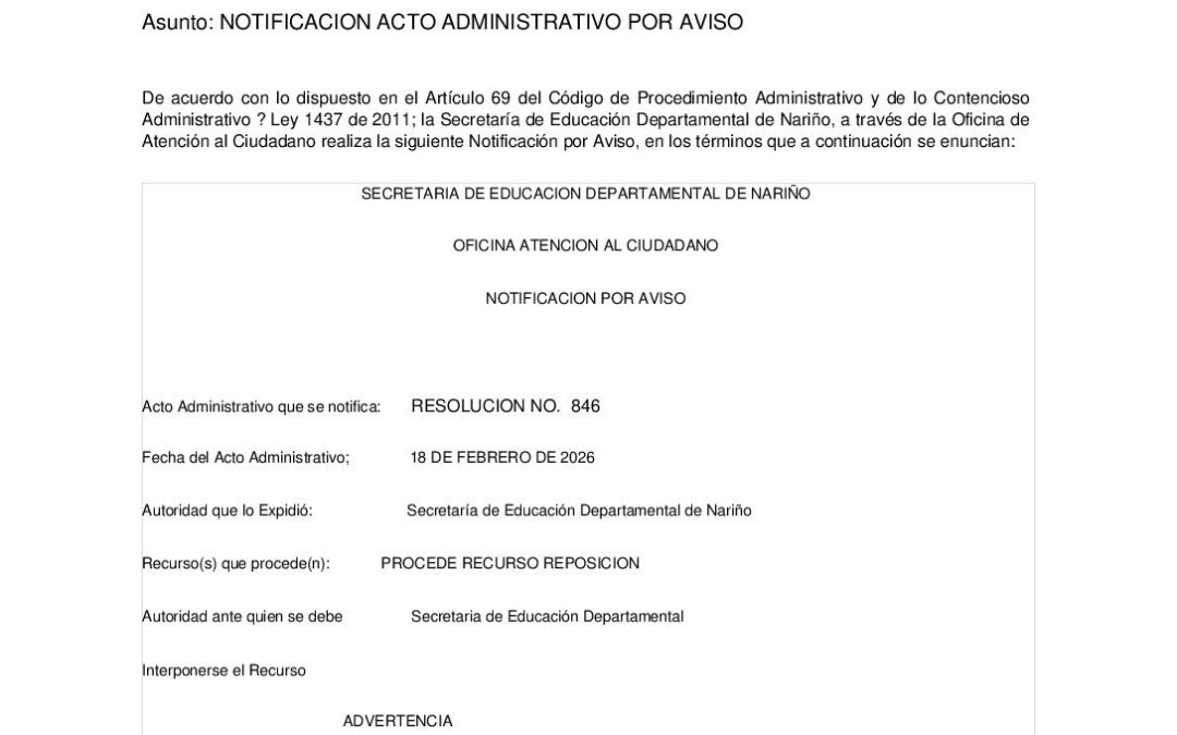 NOTIFICACION POR AVISO RESOL 846 18 FE 20256