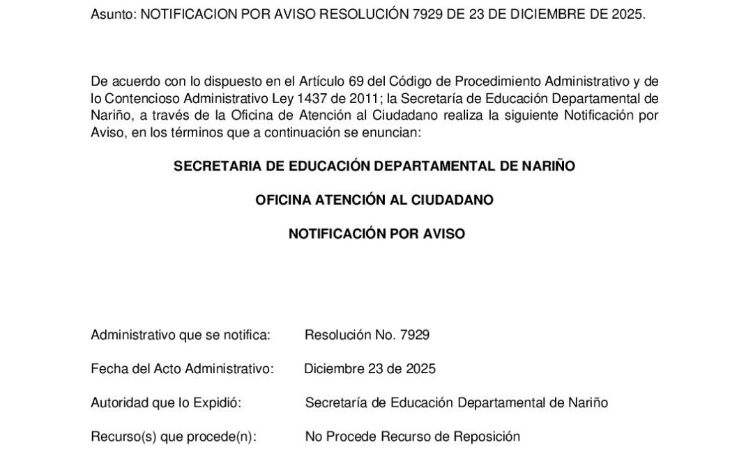NOTIFICACION POR AVISO RESOLUCIÓN 7929 DE 23 DICIEMBRE DE 2025