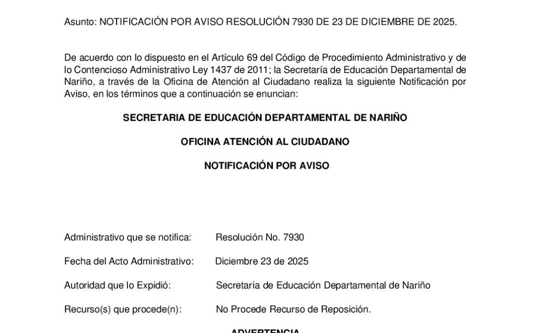 NOTIFICACIÓN POR AVISO RESOLUCIÓN 7930 DEL 23 DE DICIEMBRE