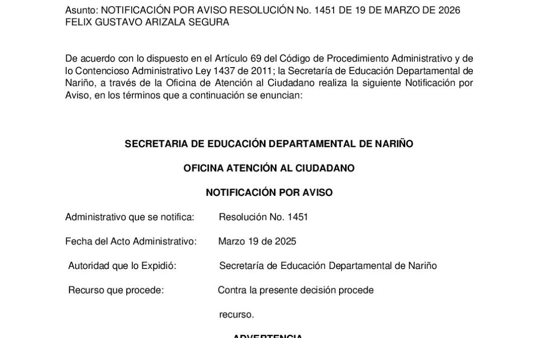 NOTIFICACIÓN POR AVISO RESOLUCIÓN No. 1451 DE 19 DE MARZO DE 2026