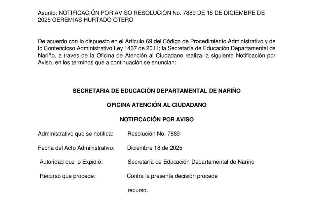 NOTIFICACIÓN POR AVISO RESOLUCIÓN No. 7889 DE 18 DE DICIEMBRE DE 2025 GEREMIAS HURTADO OTERO